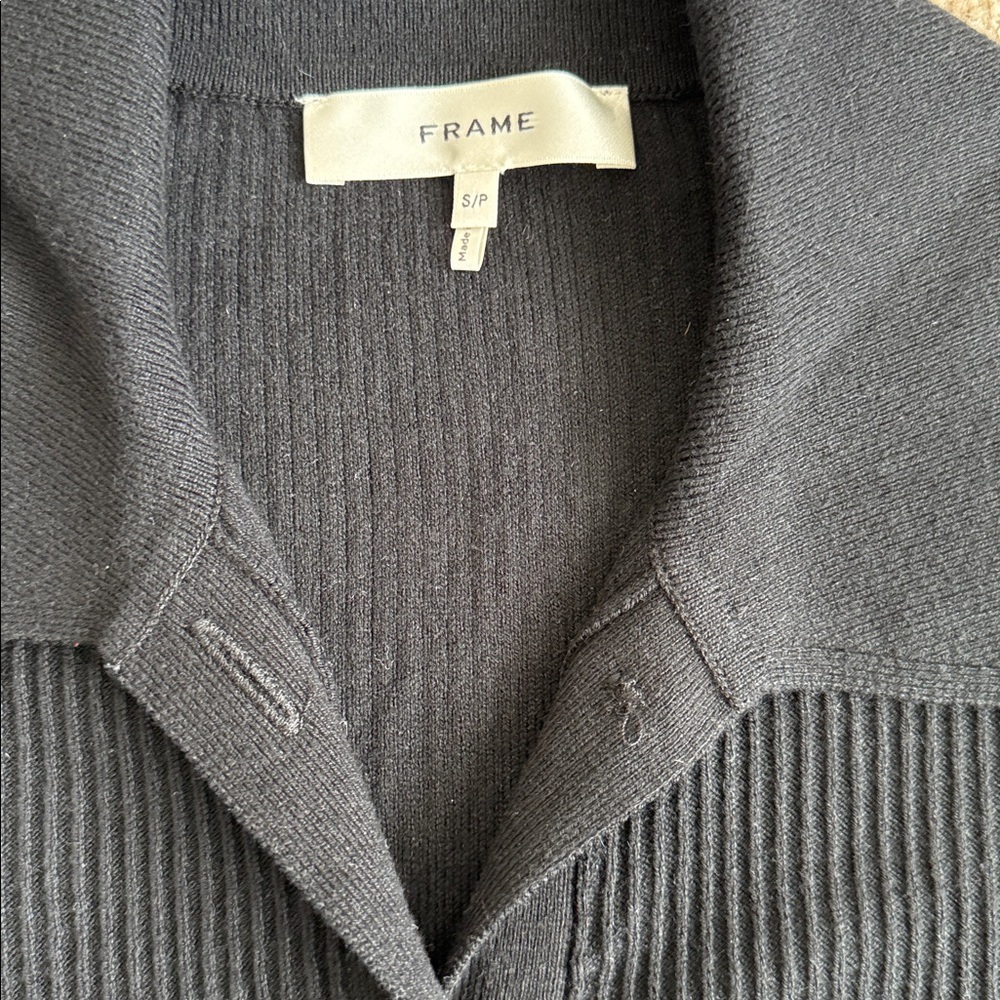 Frame Slim Ribbed Button Front Collared Cardigan Black Noir Sweater - Picture 5 of 10